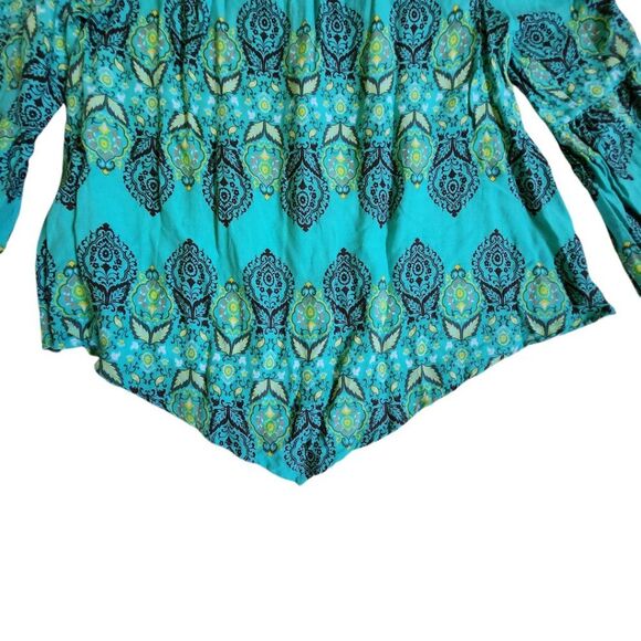 New Directions Weekend multicolor off the shoulder bell sleeve top sz S - Picture 6 of 10